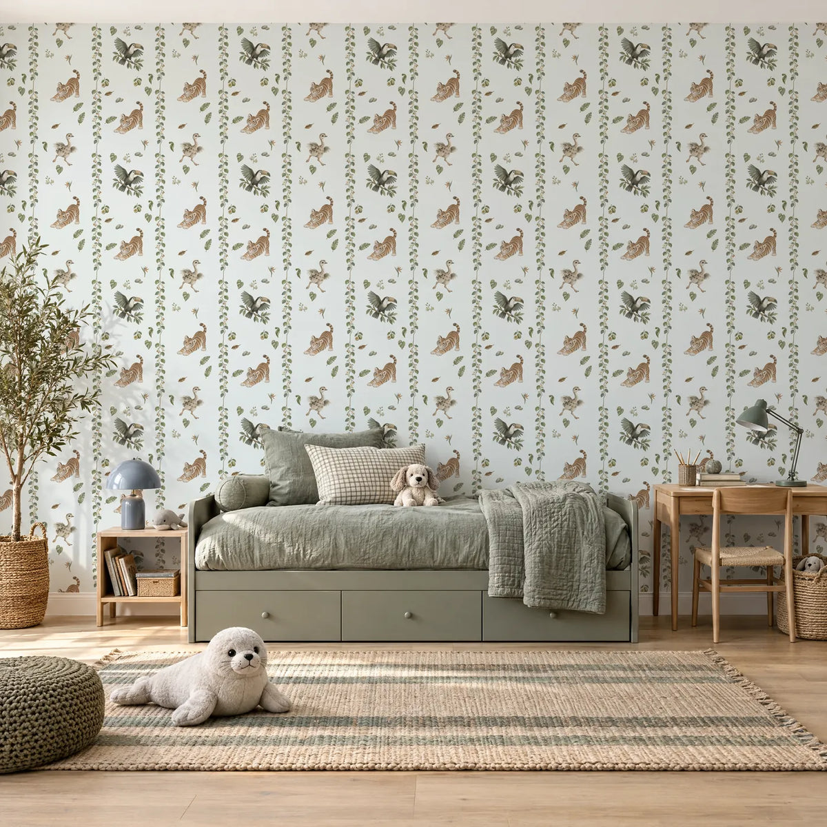 Watercolor wallpaper of jungle vine stripes with tiger cubs and a toucan, in a styled room, by Whimsy Tots