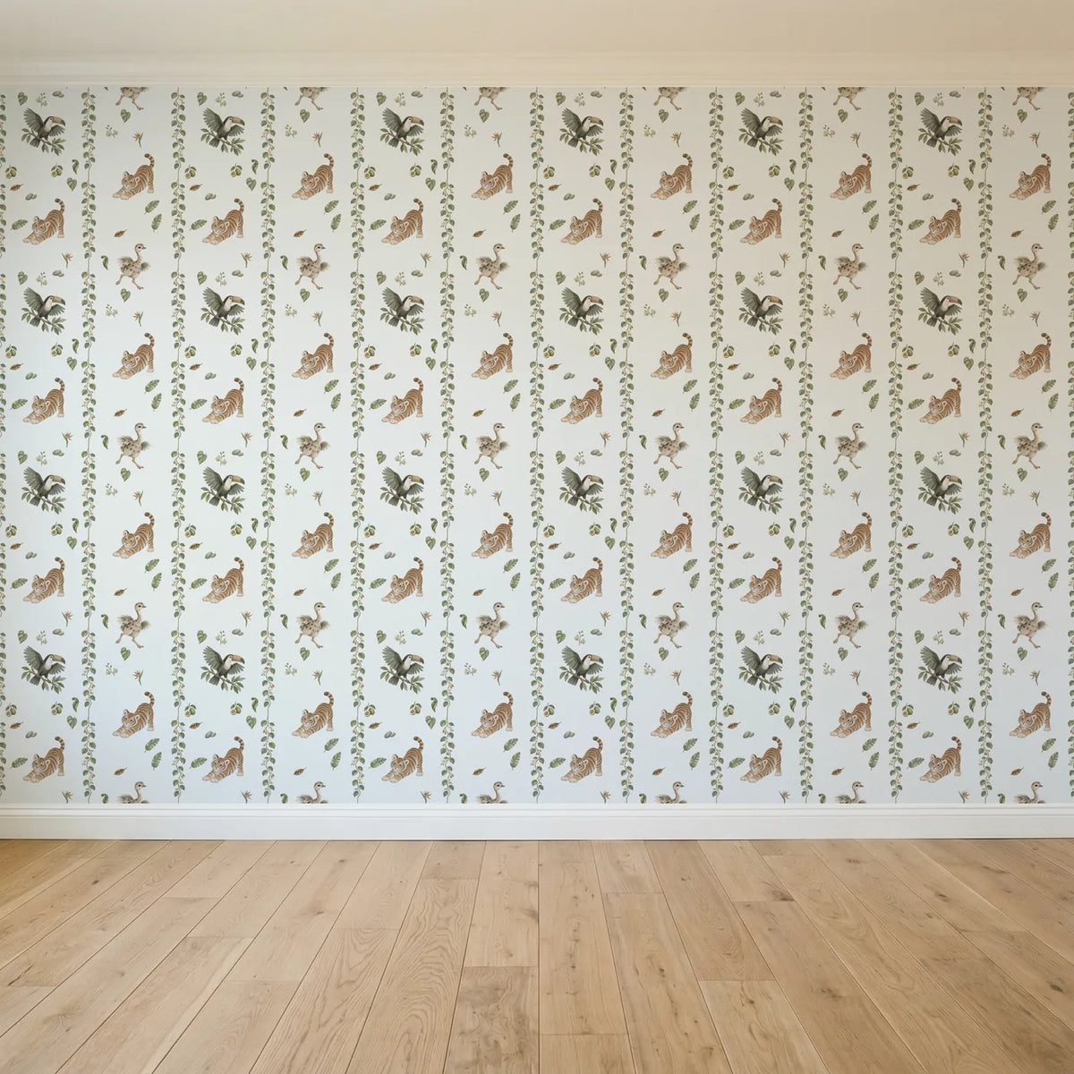 Watercolor wallpaper of jungle vine stripes with tiger cubs and a toucan, full pattern repeat, by Whimsy Tots