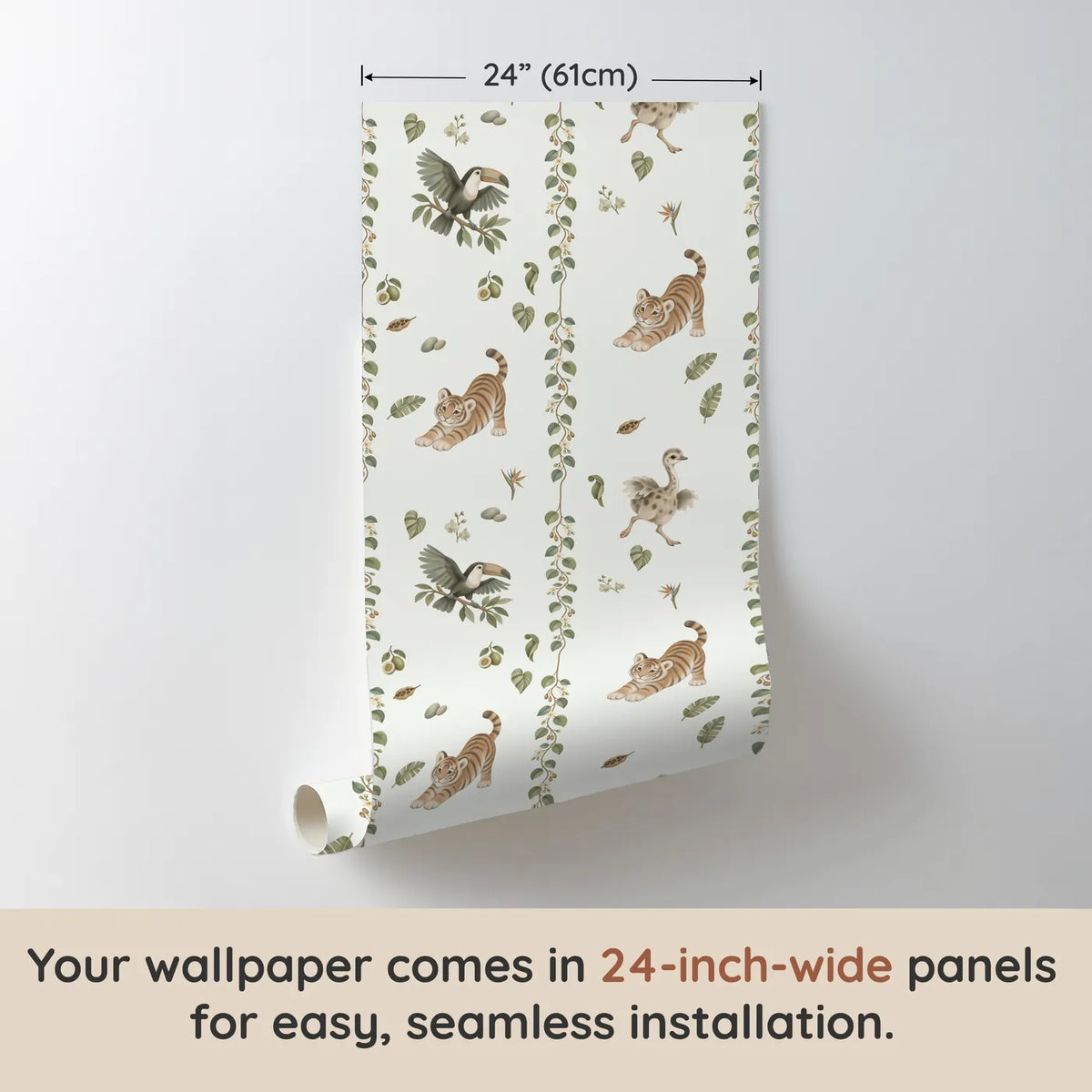Watercolor wallpaper of jungle vine stripes with tiger cubs and a toucan, one 24 inch panel, by Whimsy Tots