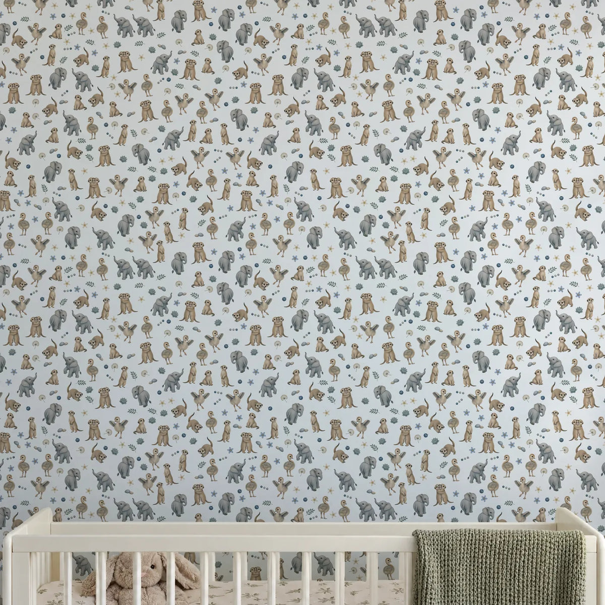 Storybook wallpaper of meerkats, elephant calves and ostrich chicks, on a wall, close up, by Whimsy Tots