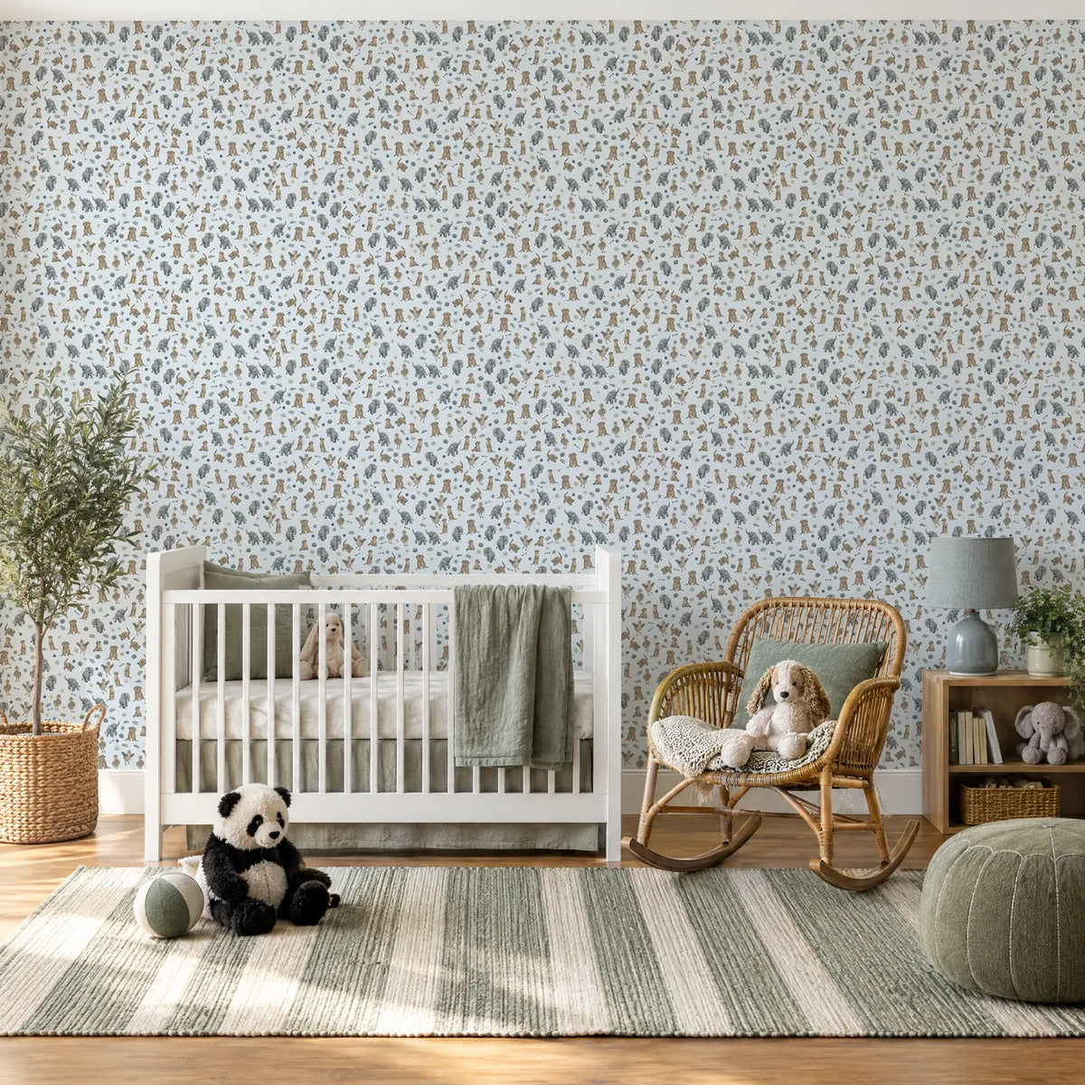 Storybook wallpaper of meerkats, elephant calves and ostrich chicks, in a styled room, by Whimsy Tots