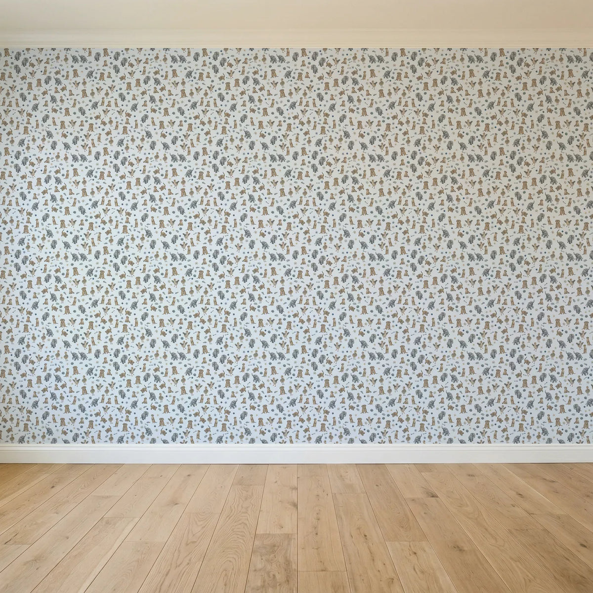 Storybook wallpaper of meerkats, elephant calves and ostrich chicks, full pattern repeat, by Whimsy Tots