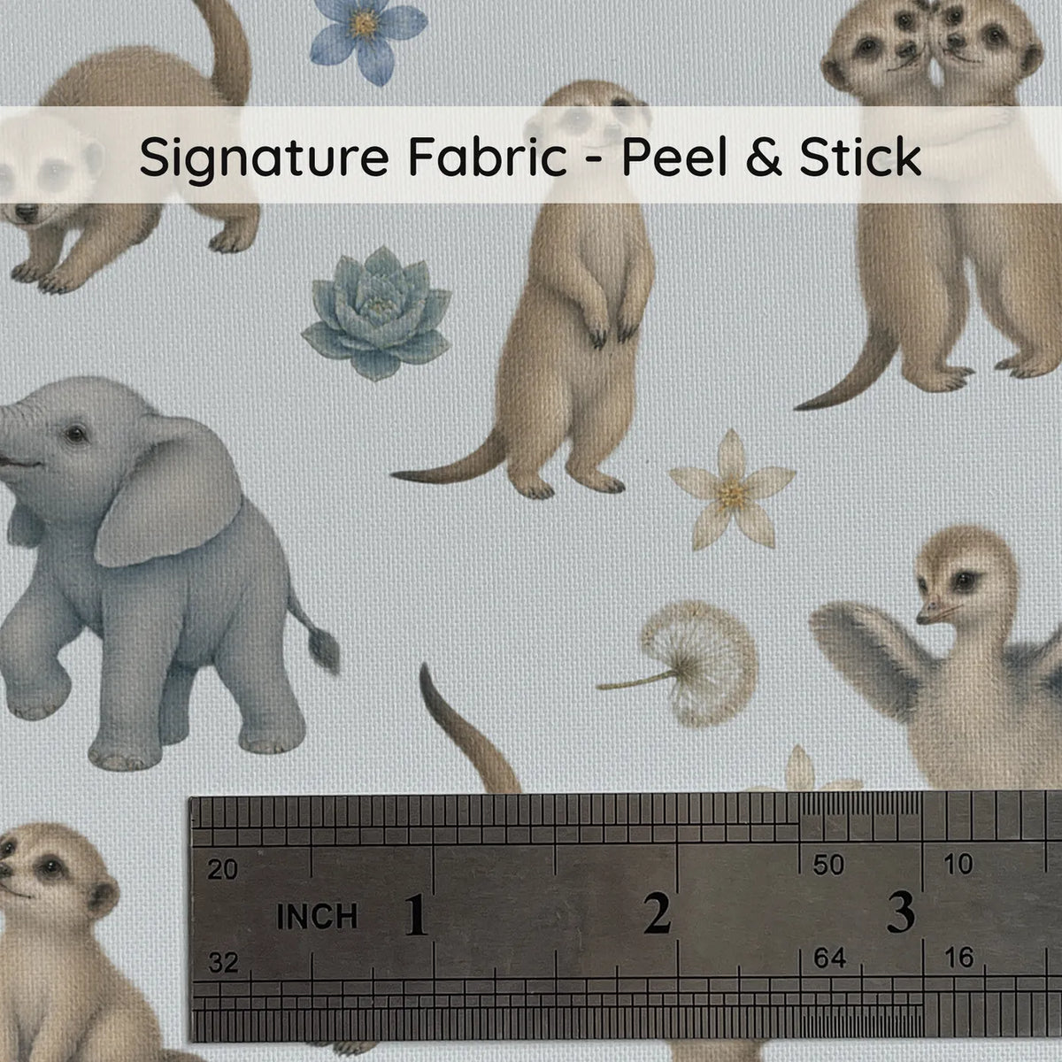 Storybook wallpaper of meerkats, elephant calves and ostrich chicks, print close-up at true size, by Whimsy Tots