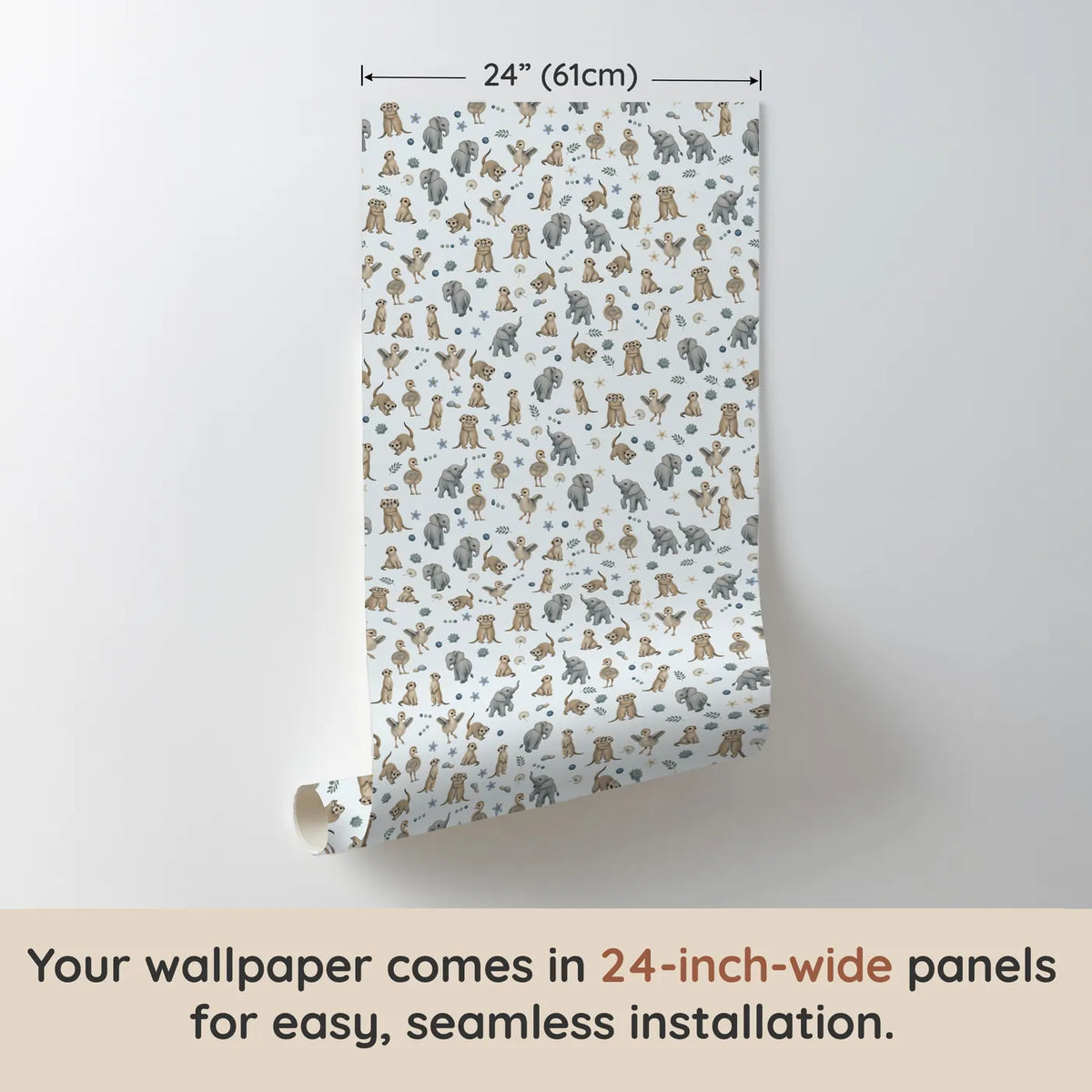 Storybook wallpaper of meerkats, elephant calves and ostrich chicks, one 24 inch panel, by Whimsy Tots