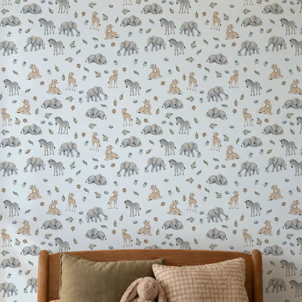 Watercolor wallpaper of sleepy elephant and giraffe calves, on a wall, close up, by Whimsy Tots