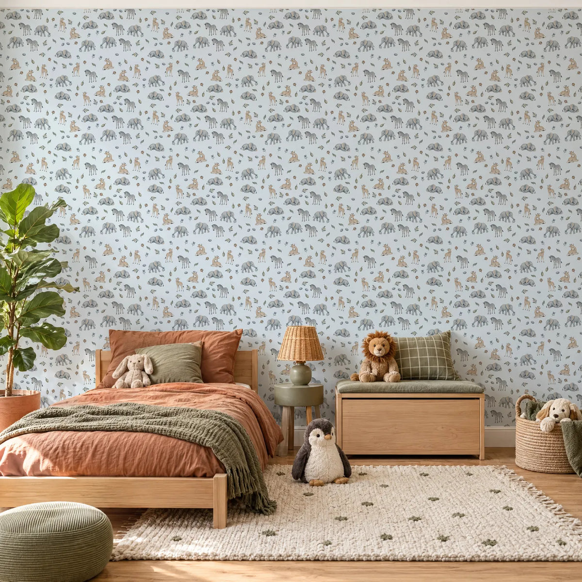 Watercolor wallpaper of sleepy elephant and giraffe calves, in a styled room, by Whimsy Tots