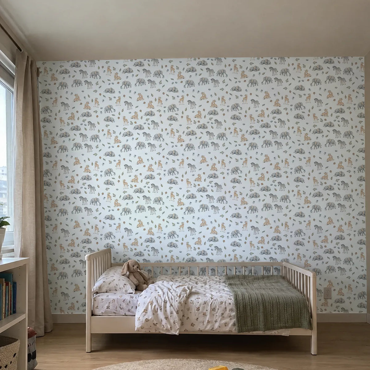 Watercolor wallpaper of sleepy elephant and giraffe calves, in a room photo, by Whimsy Tots