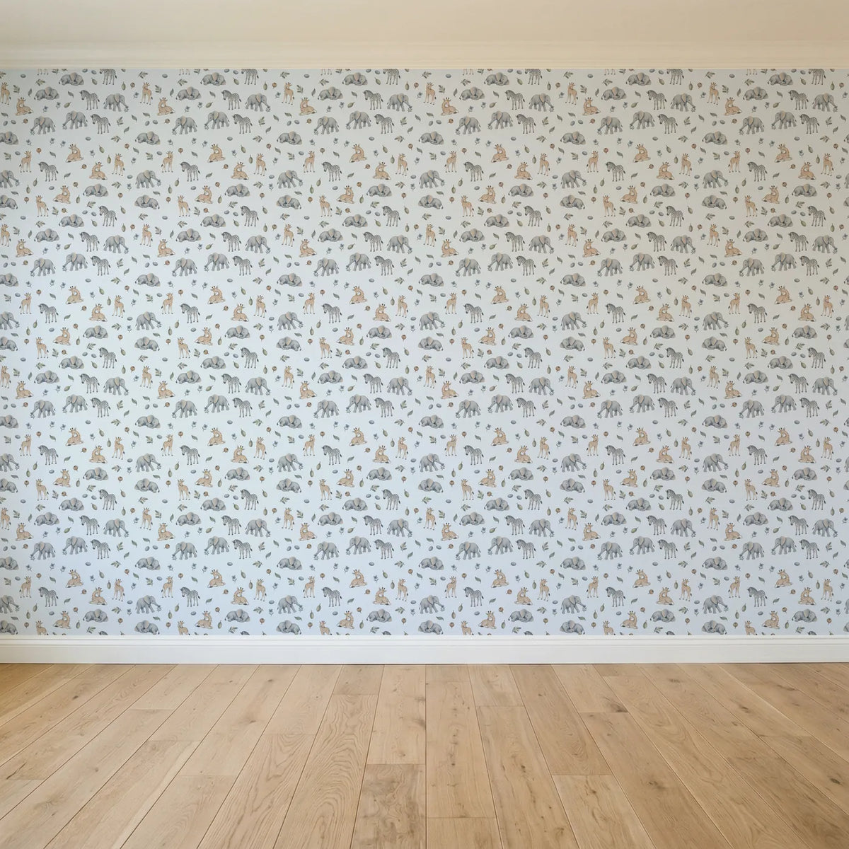 Watercolor wallpaper of sleepy elephant and giraffe calves, full pattern repeat, by Whimsy Tots
