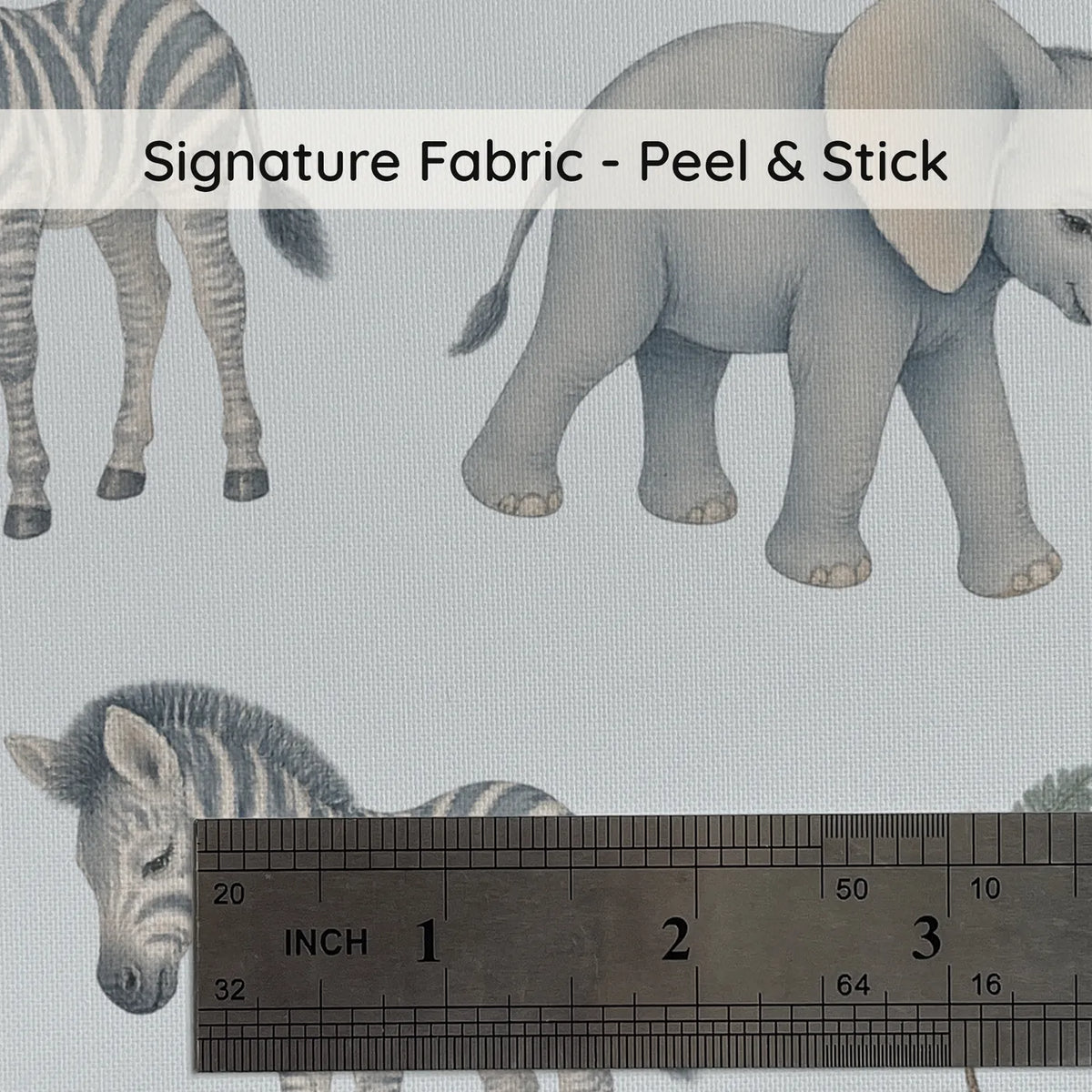 Watercolor wallpaper of sleepy elephant and giraffe calves, print close-up at true size, by Whimsy Tots