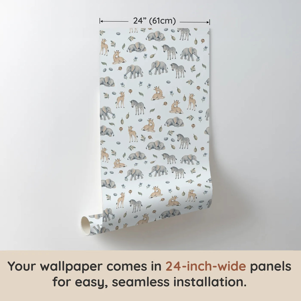 Watercolor wallpaper of sleepy elephant and giraffe calves, one 24 inch panel, by Whimsy Tots
