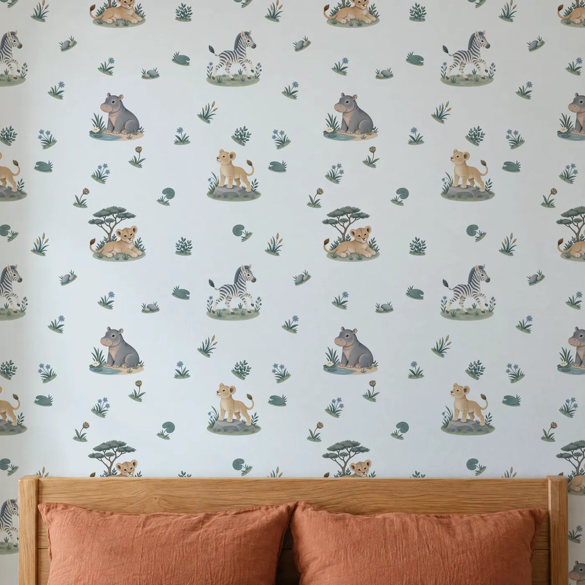 Gouache wallpaper of a zebra, lion cubs and a hippo on islands, on a wall, close up, by Whimsy Tots