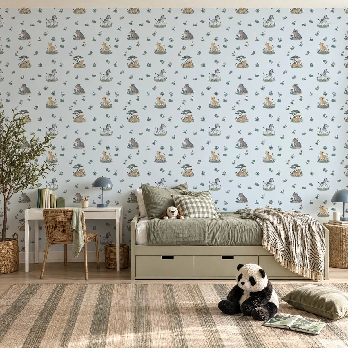 Gouache wallpaper of a zebra, lion cubs and a hippo on islands, in a styled room, by Whimsy Tots