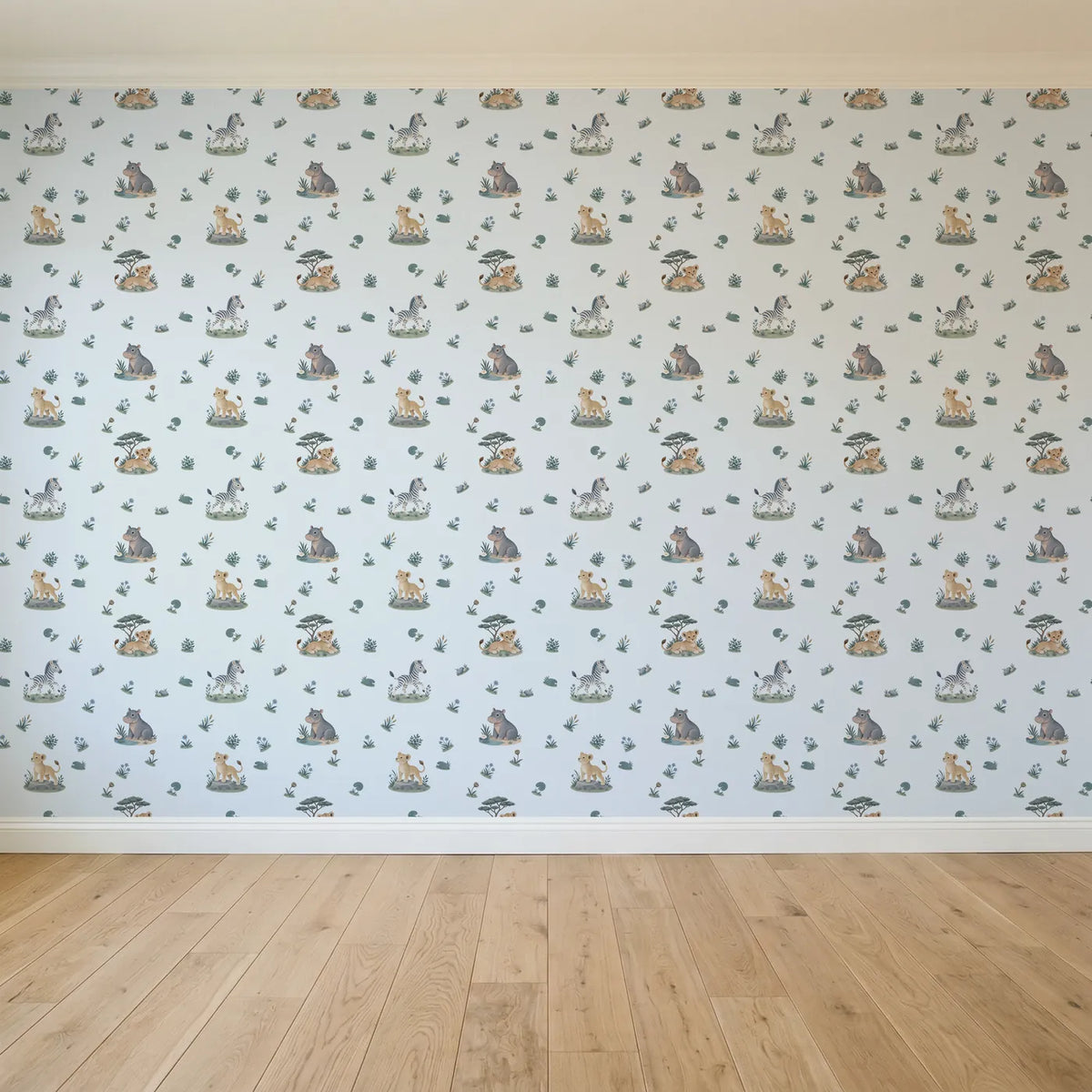 Gouache wallpaper of a zebra, lion cubs and a hippo on islands, full pattern repeat, by Whimsy Tots