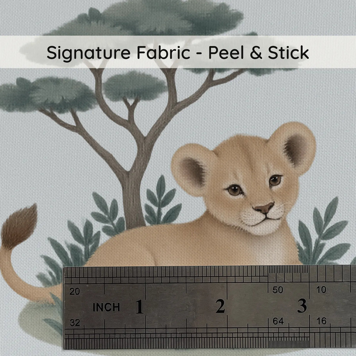 Gouache wallpaper of a zebra, lion cubs and a hippo on islands, print close-up at true size, by Whimsy Tots