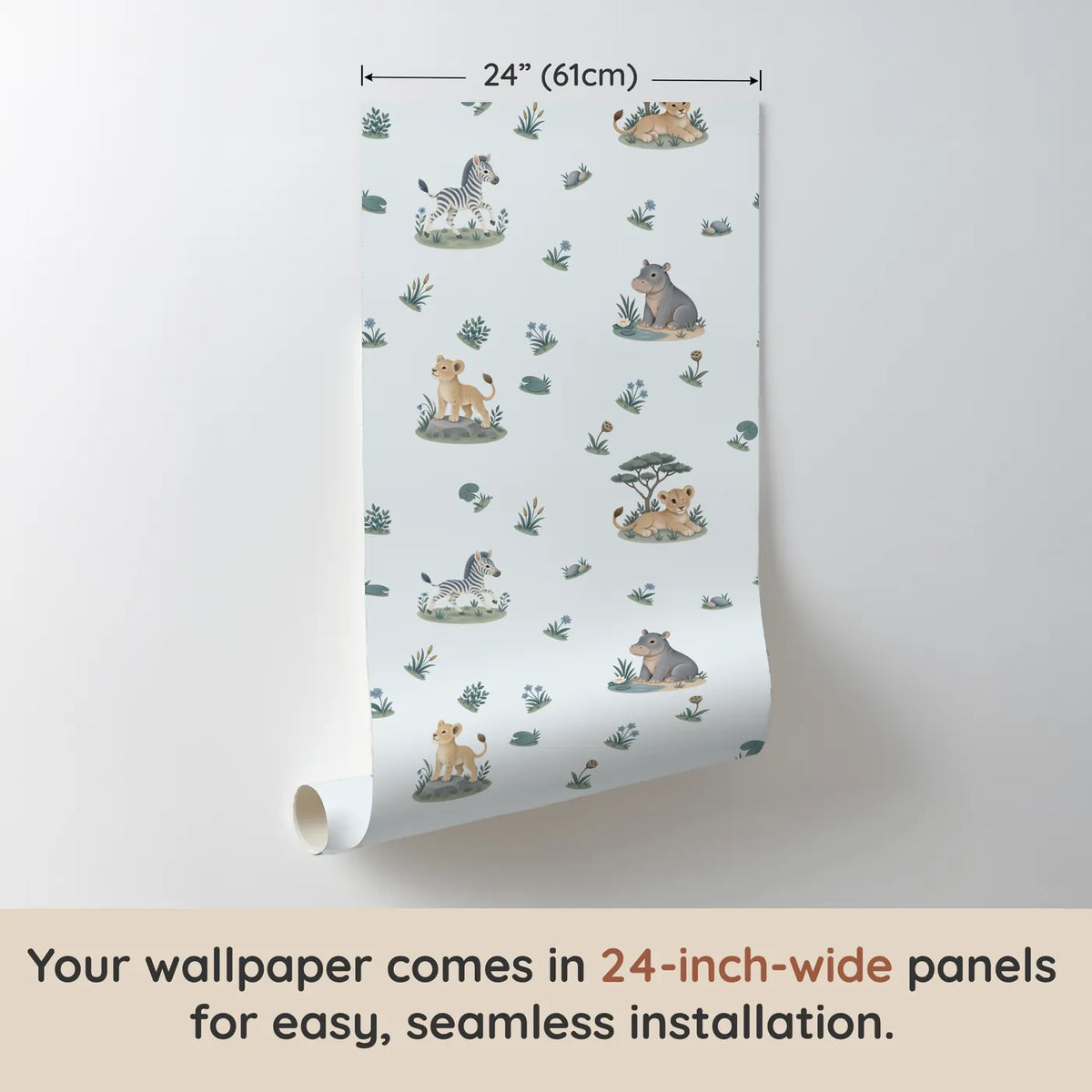 Gouache wallpaper of a zebra, lion cubs and a hippo on islands, one 24 inch panel, by Whimsy Tots