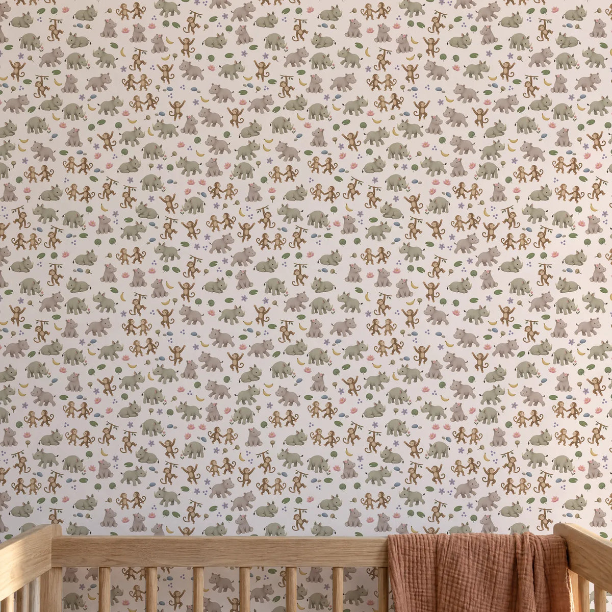 Gouache safari animal wallpaper for a nursery, on a wall, close up, by Whimsy Tots
