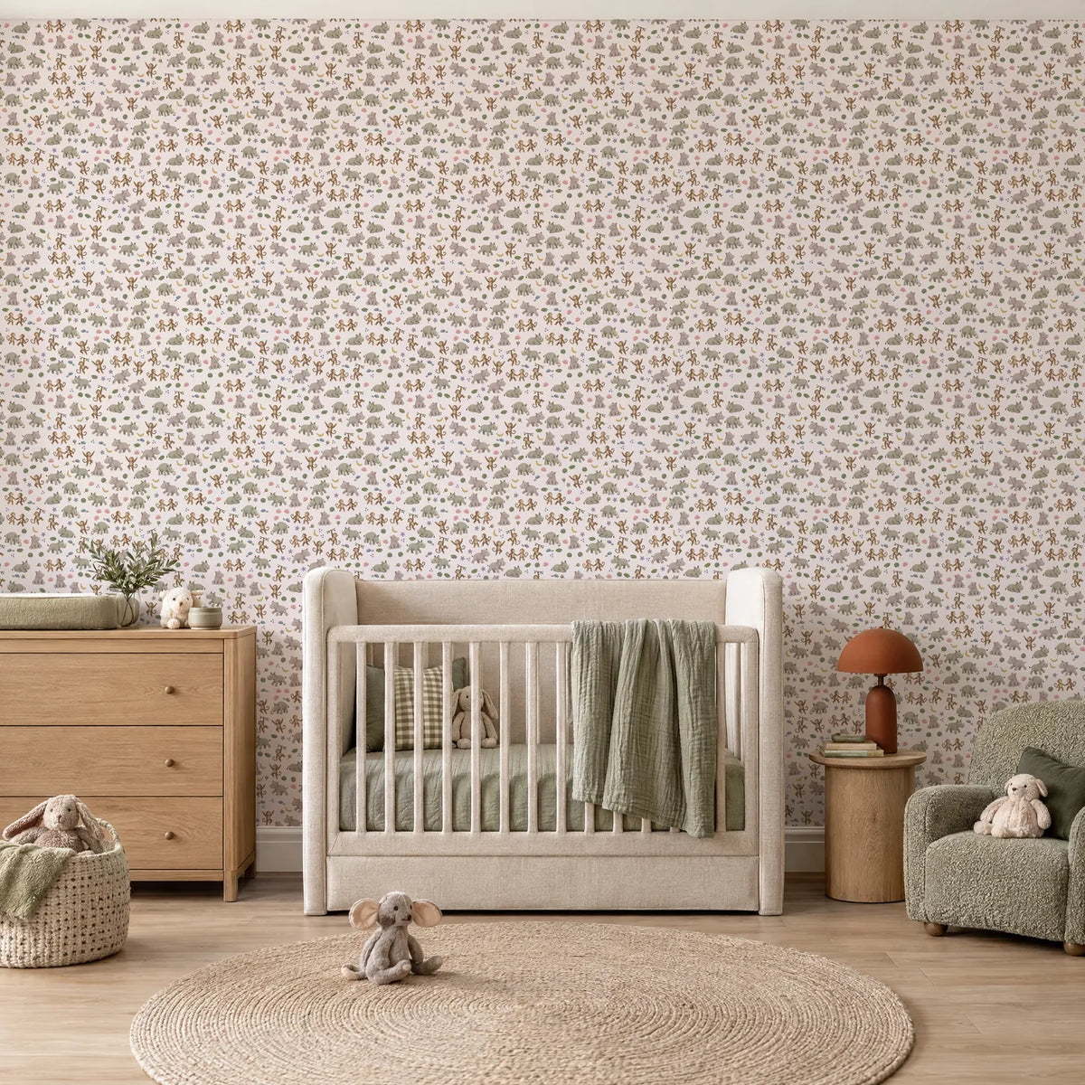Gouache safari animal wallpaper for a nursery, in a styled room, by Whimsy Tots