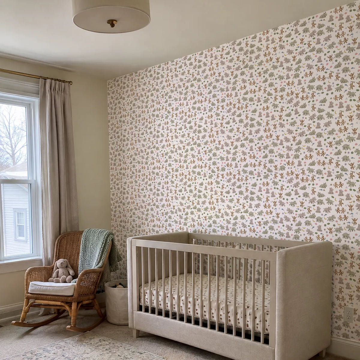 Gouache safari animal wallpaper for a nursery, in a room photo, by Whimsy Tots