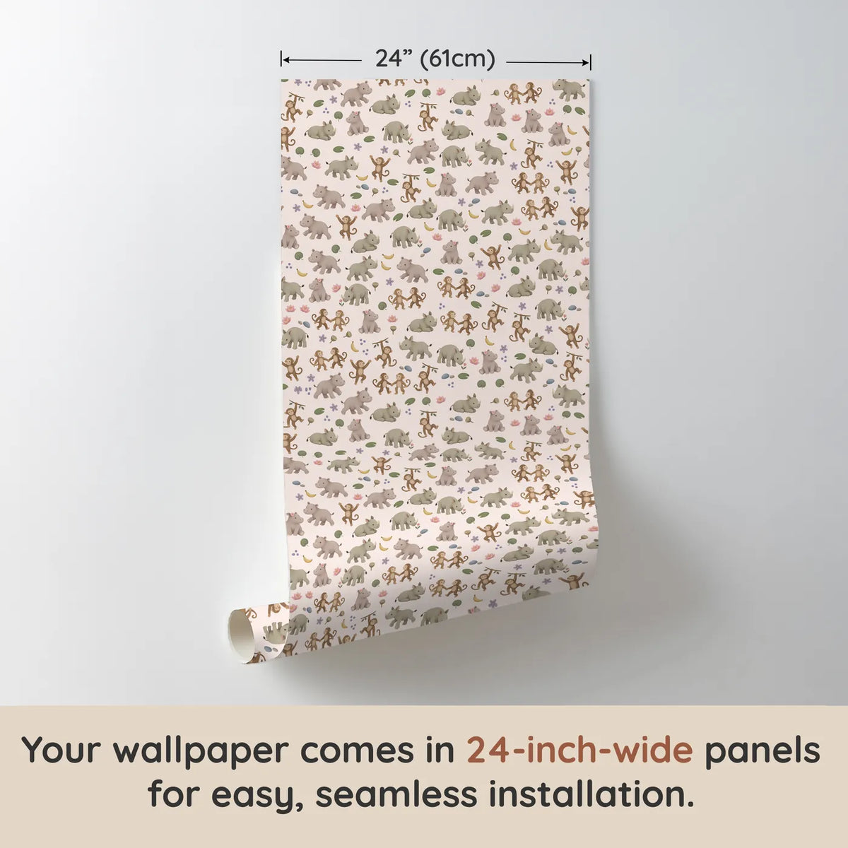 Gouache safari animal wallpaper for a nursery, one 24 inch panel, by Whimsy Tots