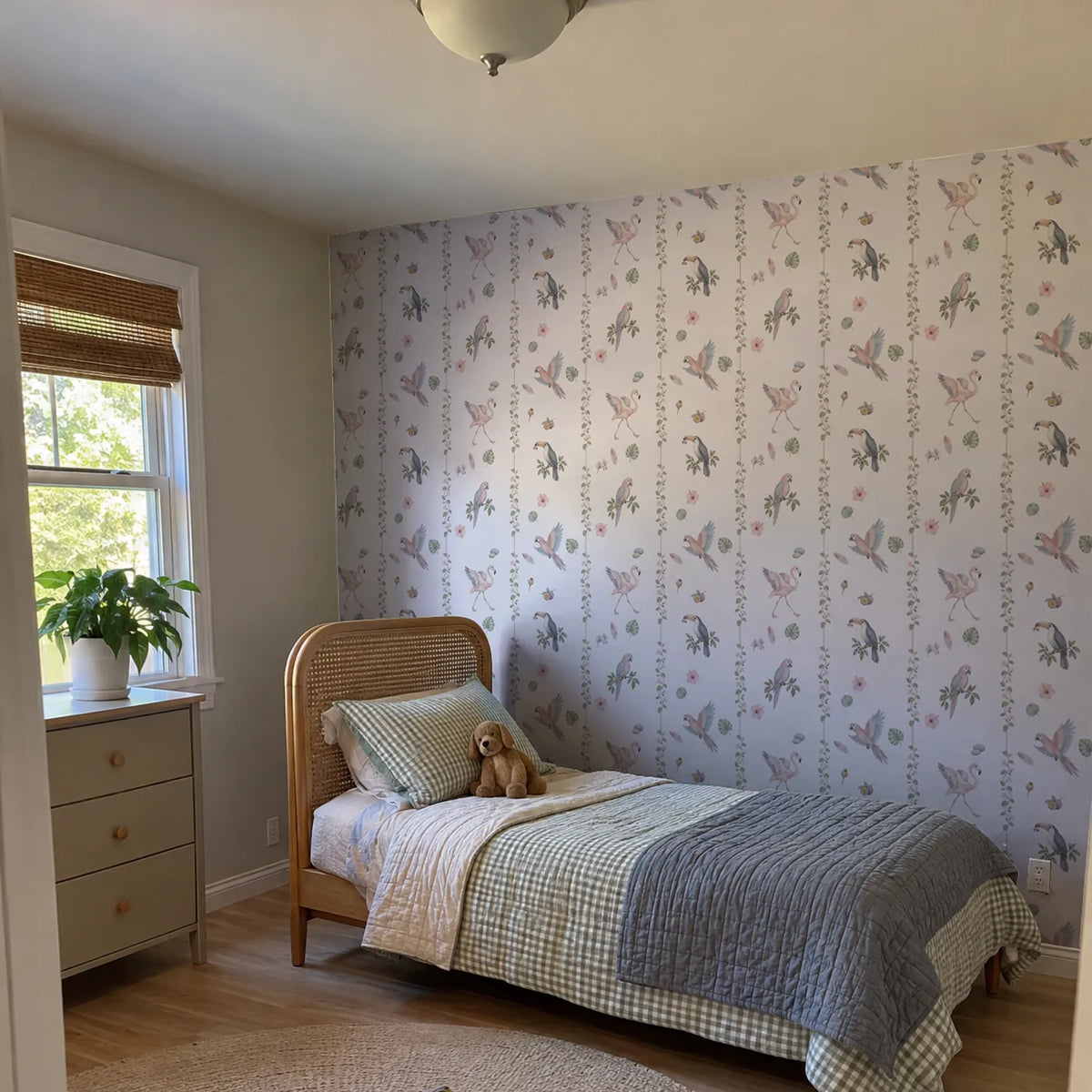 Watercolor bird and vine wallpaper for a kids bedroom, in a room photo, by Whimsy Tots