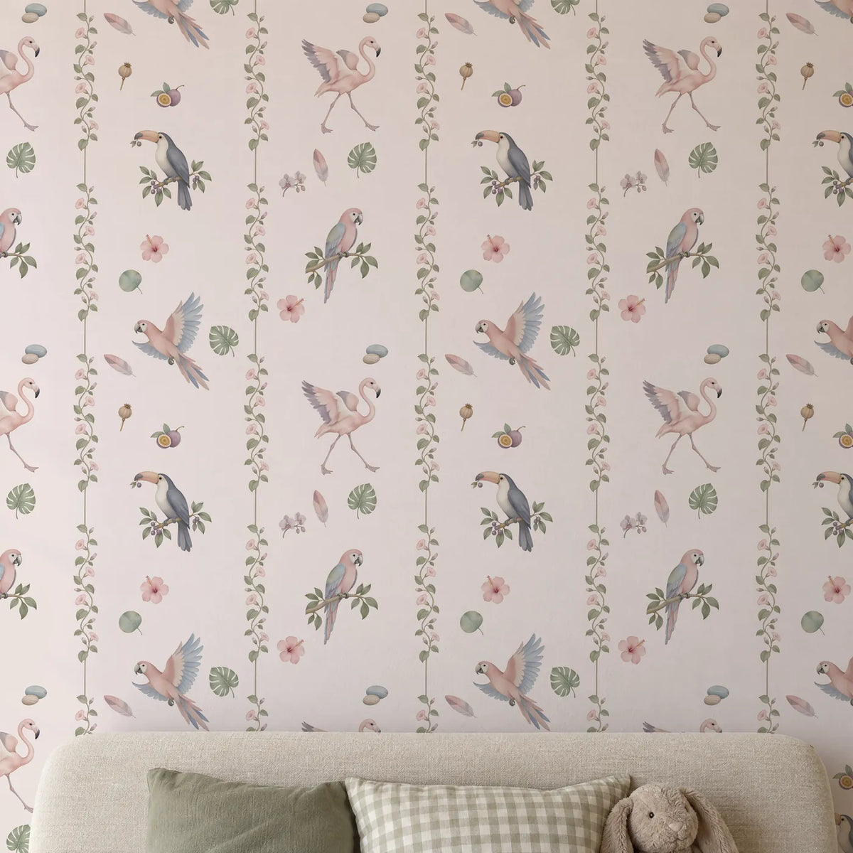 Watercolor bird and vine wallpaper for a kids bedroom, on a wall, close up, by Whimsy Tots