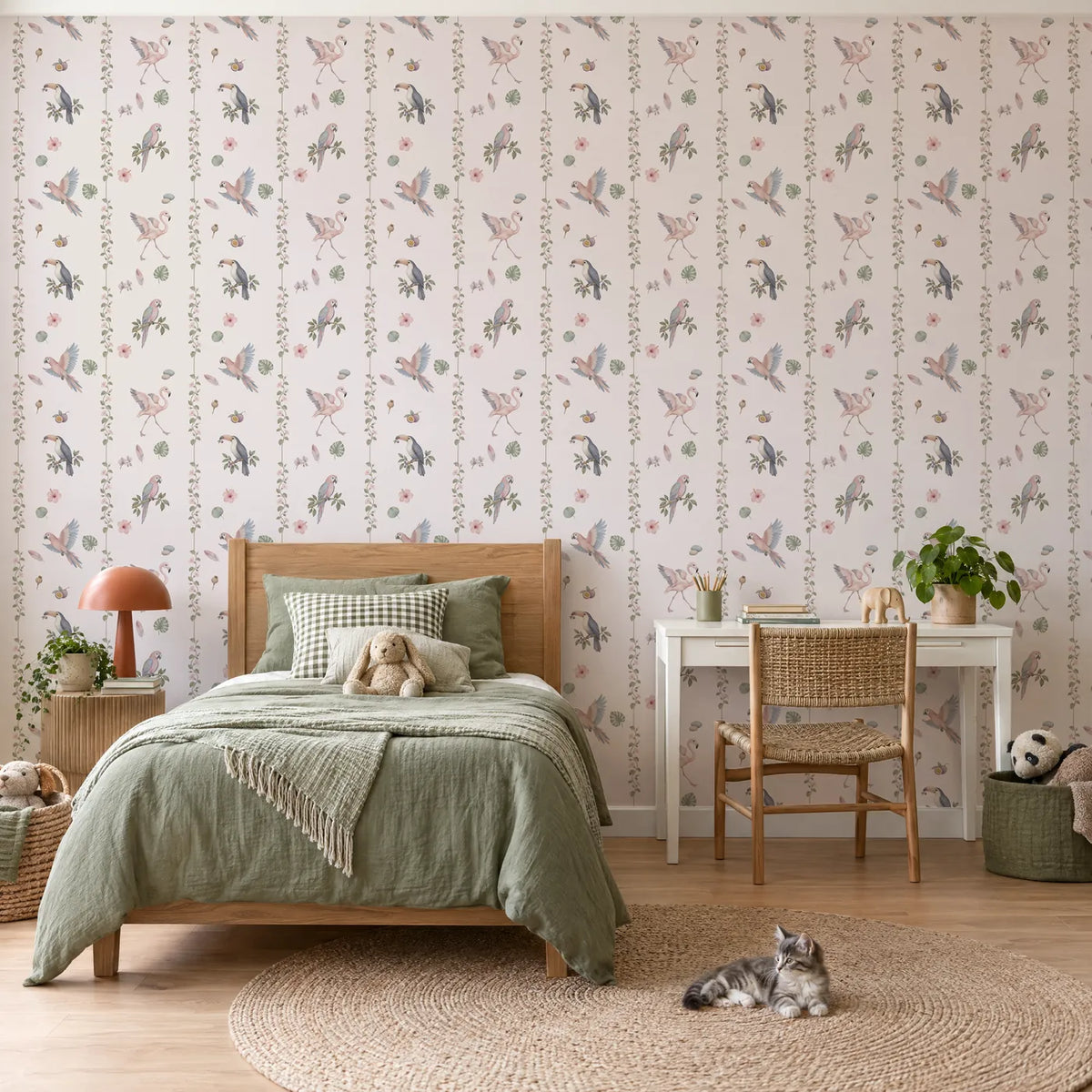 Watercolor bird and vine wallpaper for a kids bedroom, in a styled room, by Whimsy Tots