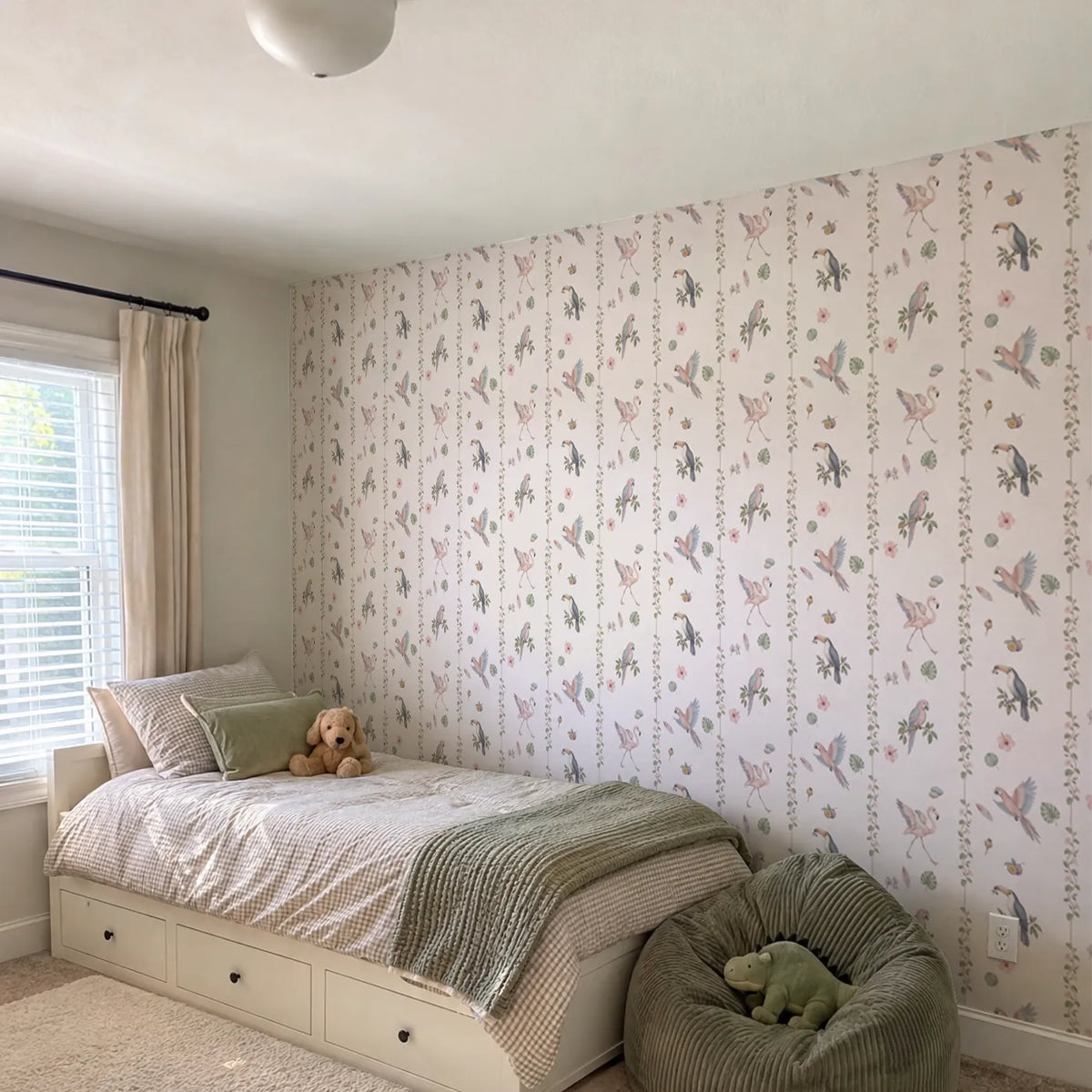 Watercolor bird and vine wallpaper for a kids bedroom, in a room photo, by Whimsy Tots
