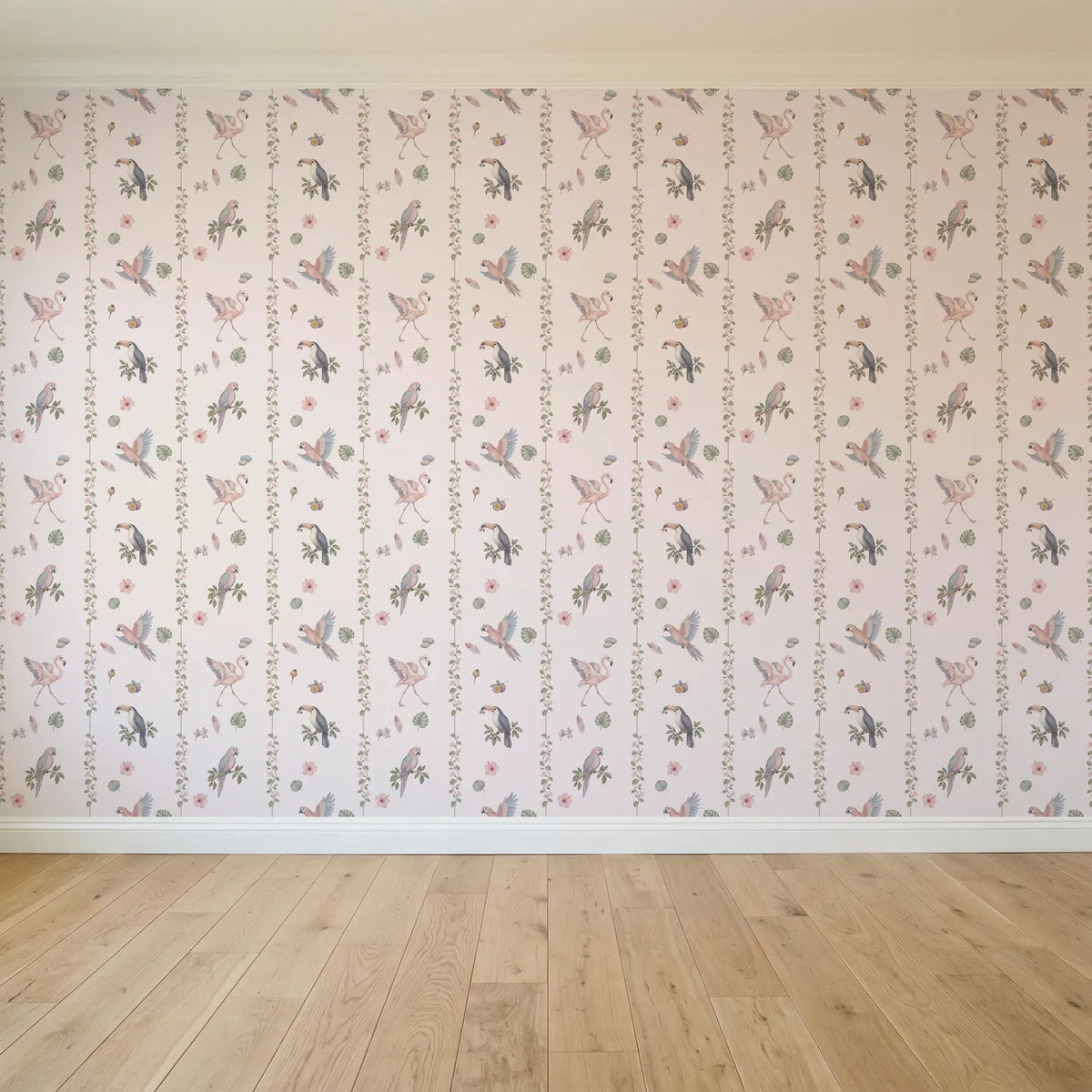 Watercolor bird and vine wallpaper for a kids bedroom, full pattern repeat, by Whimsy Tots