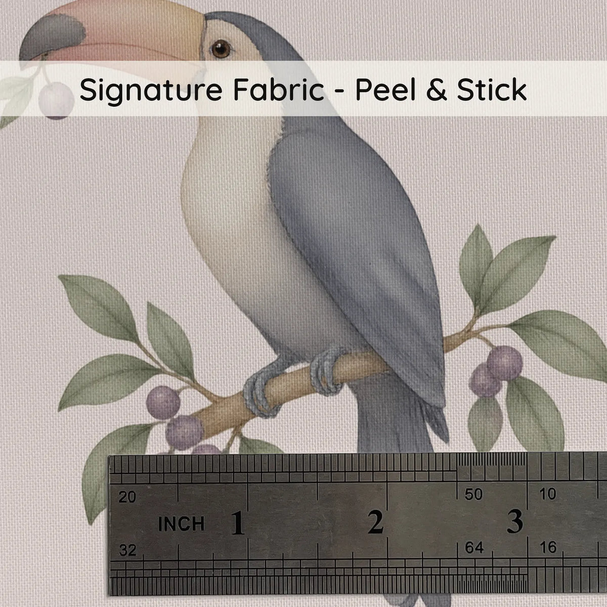 Watercolor bird and vine wallpaper for a kids bedroom, print close-up at true size, by Whimsy Tots