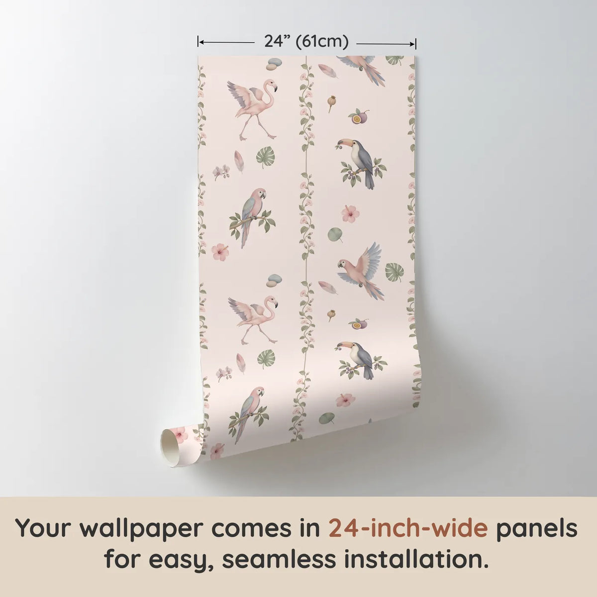 Watercolor bird and vine wallpaper for a kids bedroom, one 24 inch panel, by Whimsy Tots
