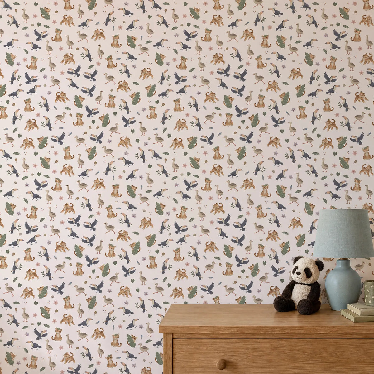 Gouache tiger and bird wallpaper for a nursery, on a wall, close up, by Whimsy Tots