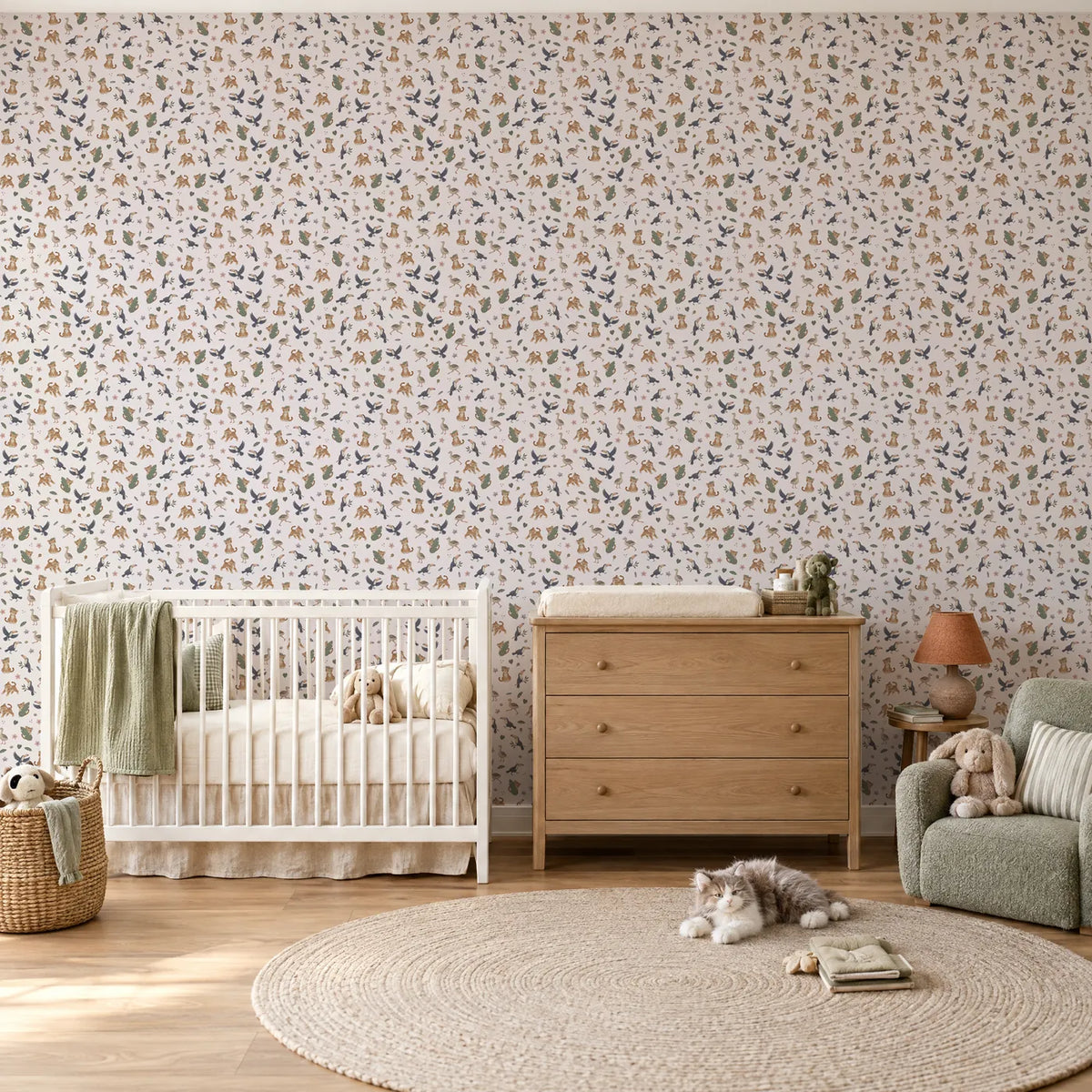 Gouache tiger and bird wallpaper for a nursery, in a styled room, by Whimsy Tots