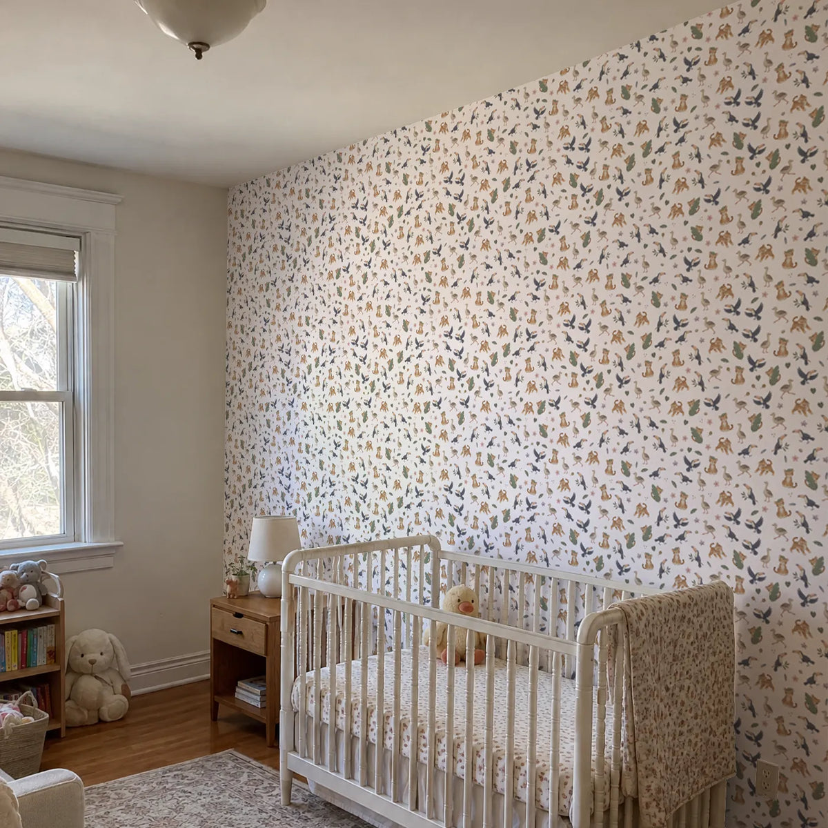Gouache tiger and bird wallpaper for a nursery, in a room photo, by Whimsy Tots
