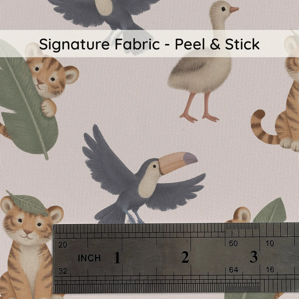 Gouache tiger and bird wallpaper for a nursery, print close-up at true size, by Whimsy Tots