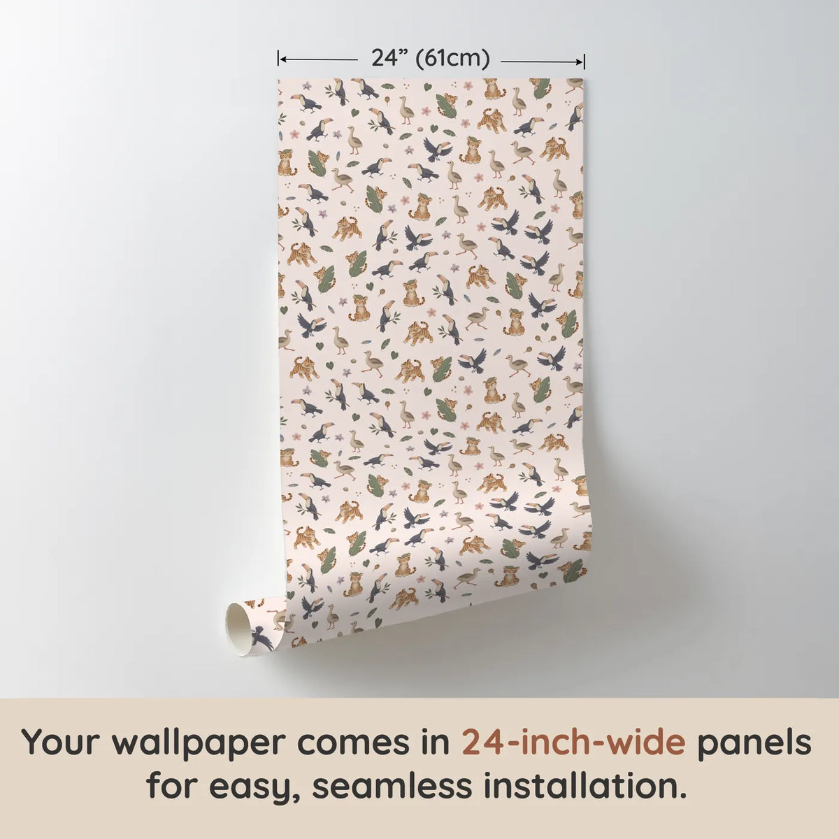 Gouache tiger and bird wallpaper for a nursery, one 24 inch panel, by Whimsy Tots