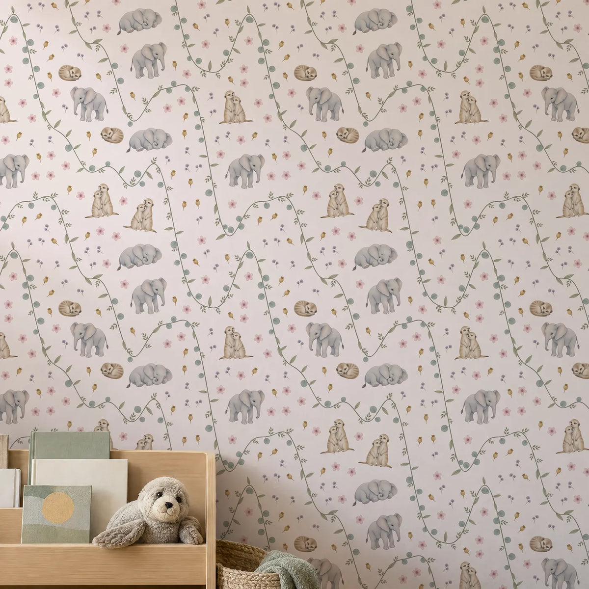 Watercolor meerkat and elephant wallpaper for a toddler room, on a wall, close up, by Whimsy Tots