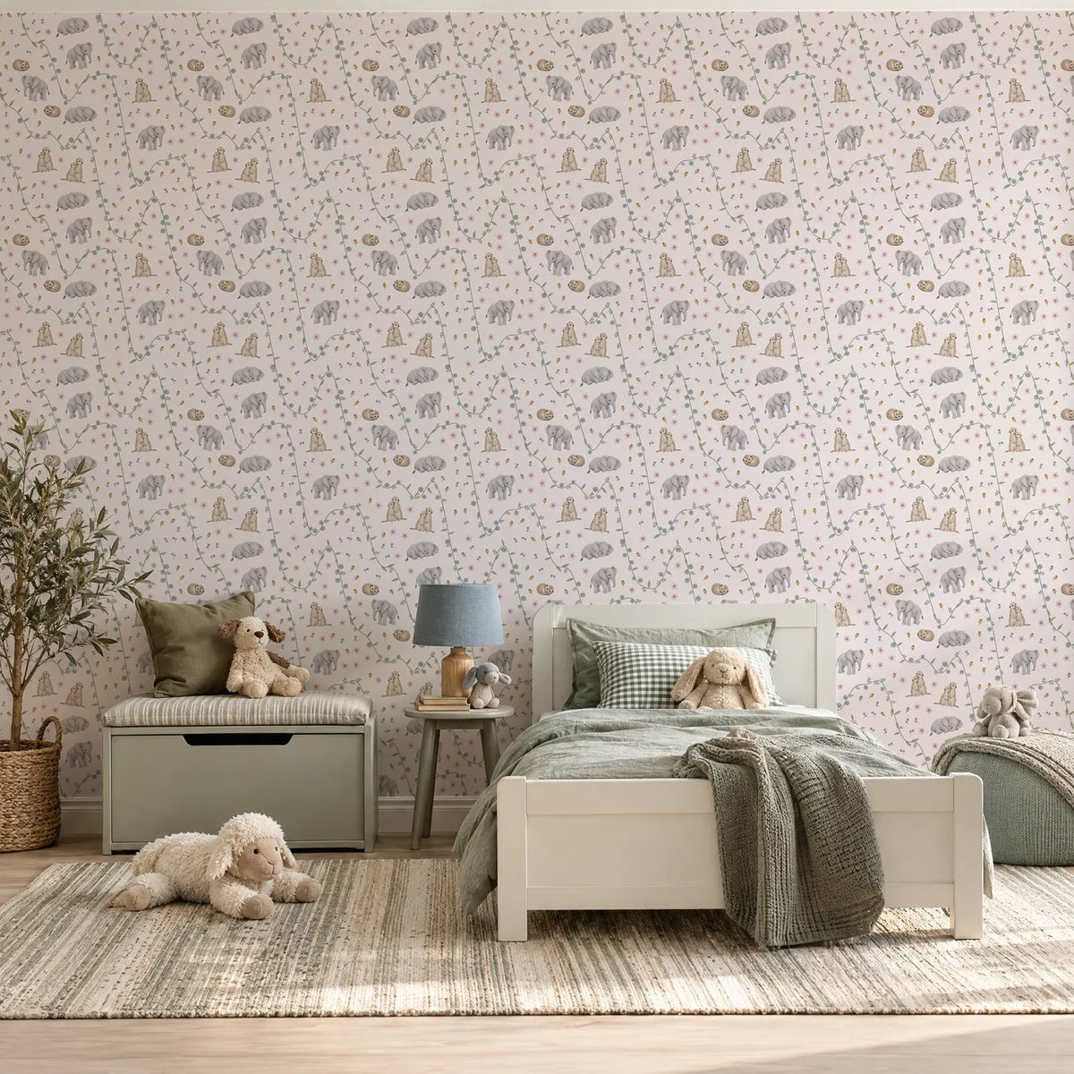 Watercolor meerkat and elephant wallpaper for a toddler room, in a styled room, by Whimsy Tots