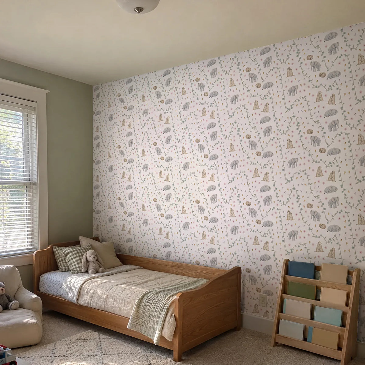 Watercolor meerkat and elephant wallpaper for a toddler room, in a room photo, by Whimsy Tots