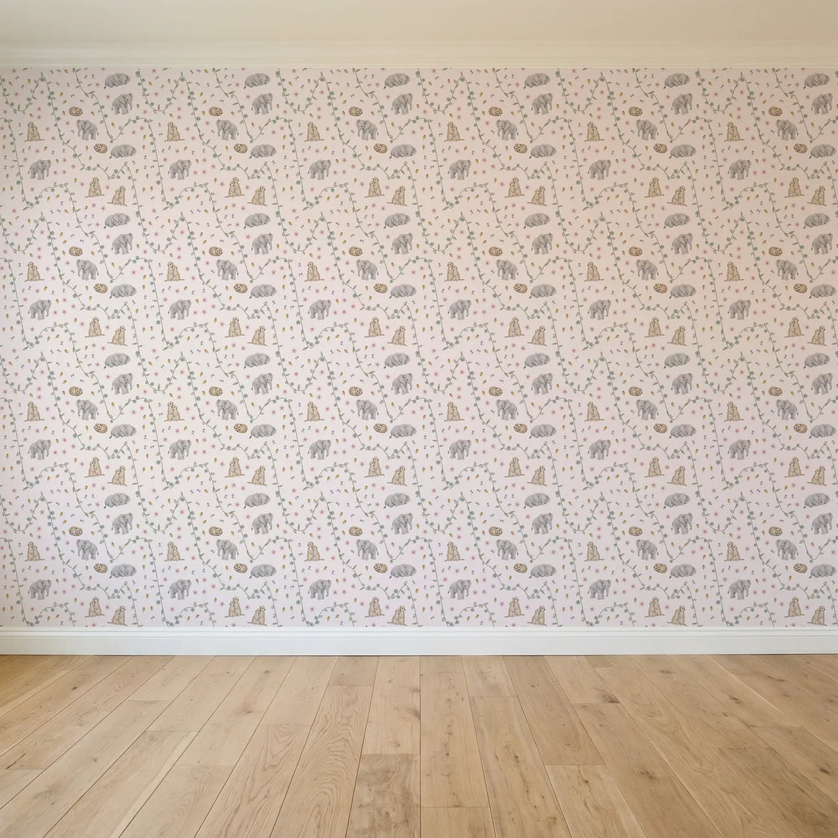 Watercolor meerkat and elephant wallpaper for a toddler room, full pattern repeat, by Whimsy Tots
