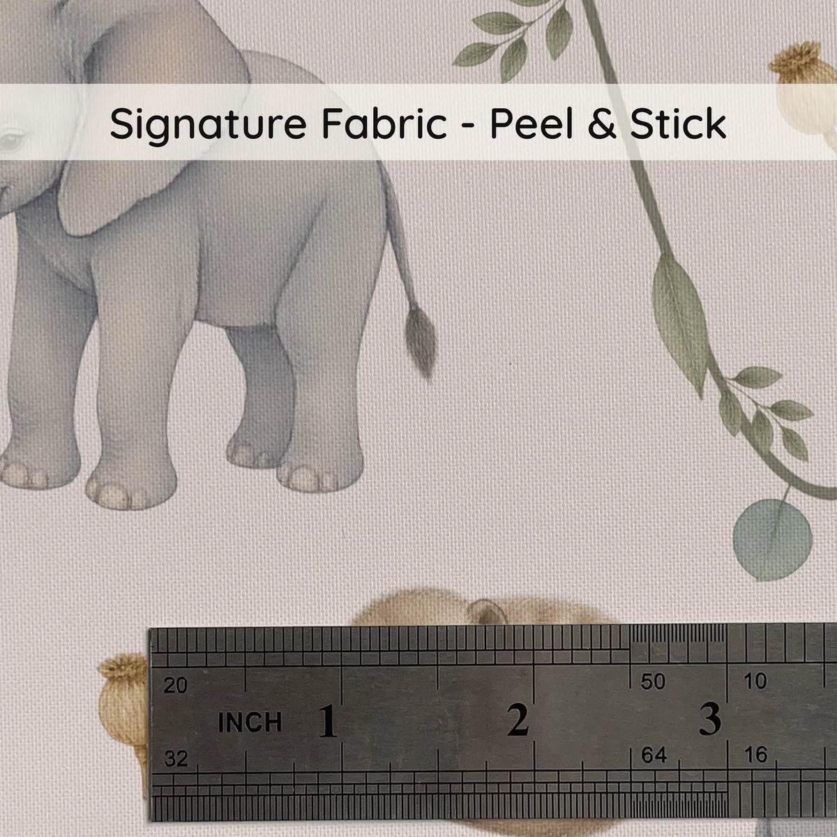 Watercolor meerkat and elephant wallpaper for a toddler room, print close-up at true size, by Whimsy Tots