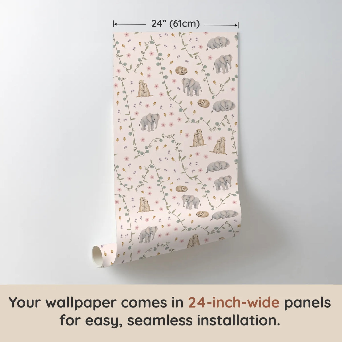 Watercolor meerkat and elephant wallpaper for a toddler room, one 24 inch panel, by Whimsy Tots
