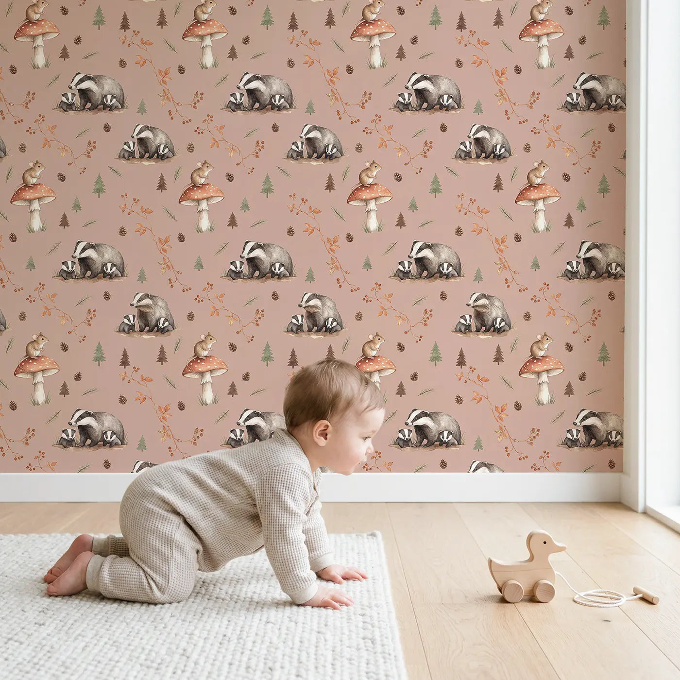 Field Mouse Toadstool Watercolor wallpaper in styled kids room - Whimsy Tots