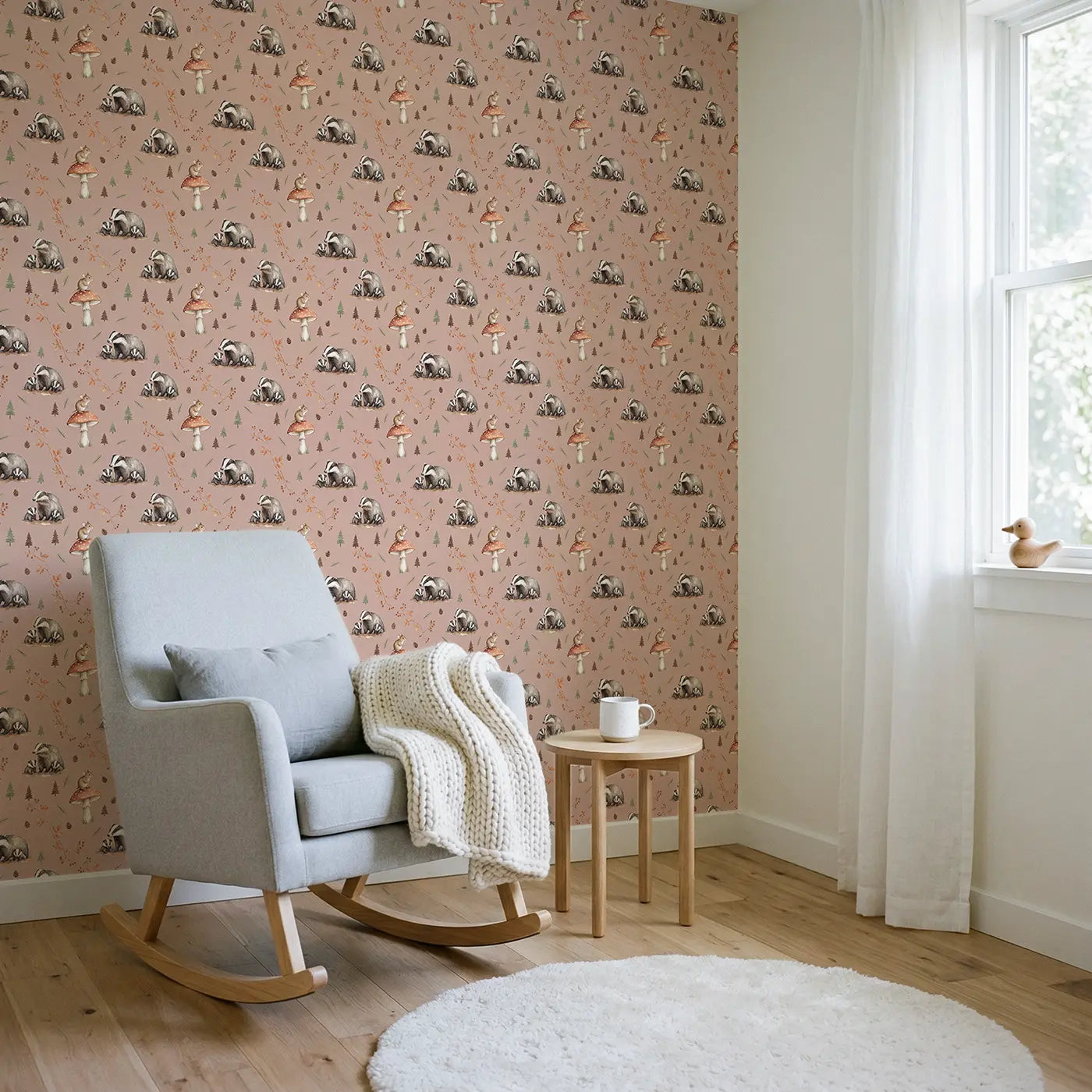 Field Mouse Toadstool Watercolor wallpaper in Scandinavian nursery - Whimsy Tots