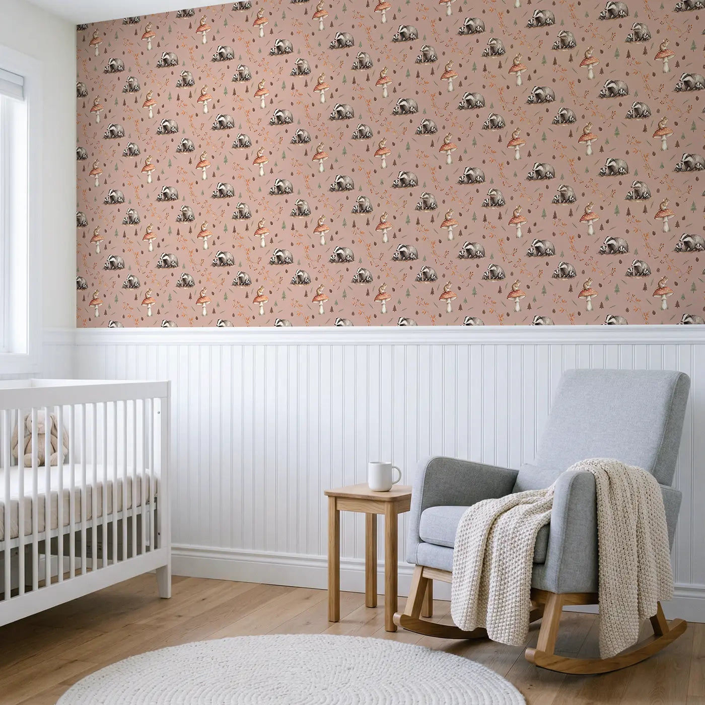 Field Mouse Toadstool Watercolor wallpaper above wainscoting - Whimsy Tots