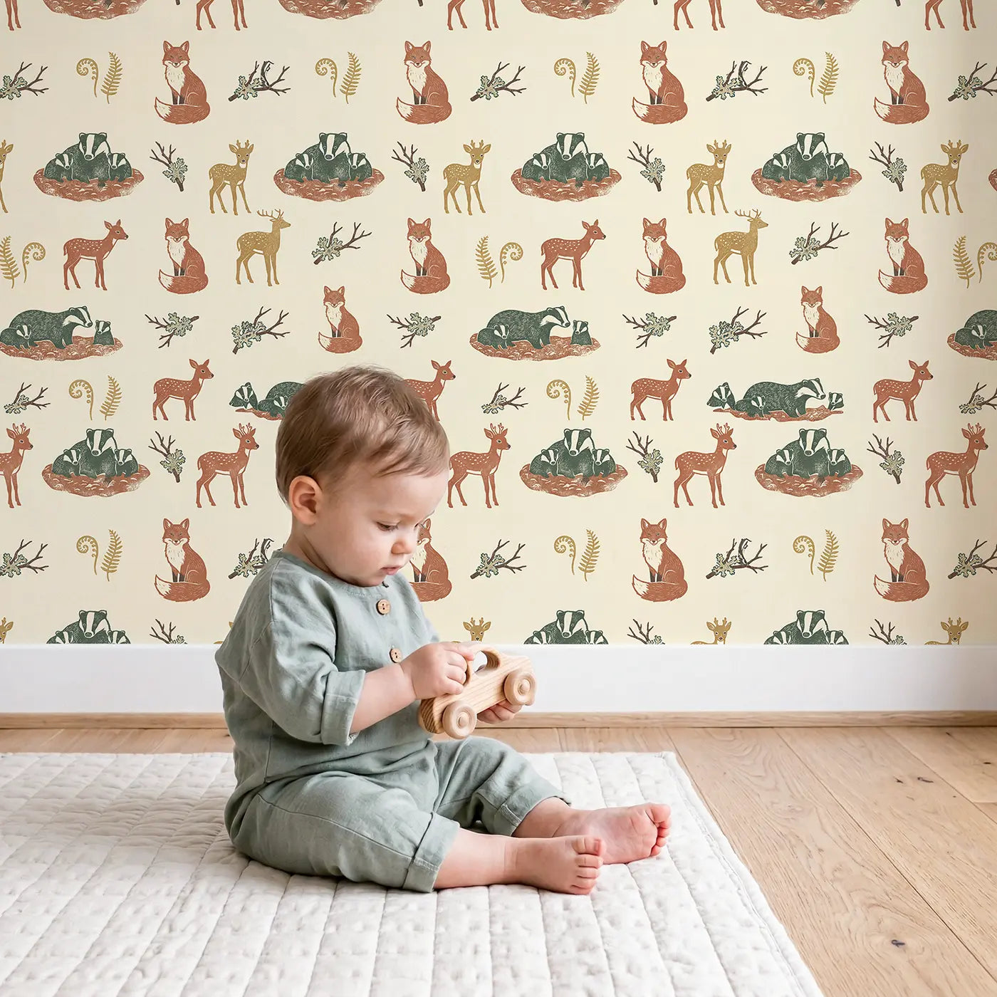 Badger Family Block Print wallpaper in styled kids room - Whimsy Tots