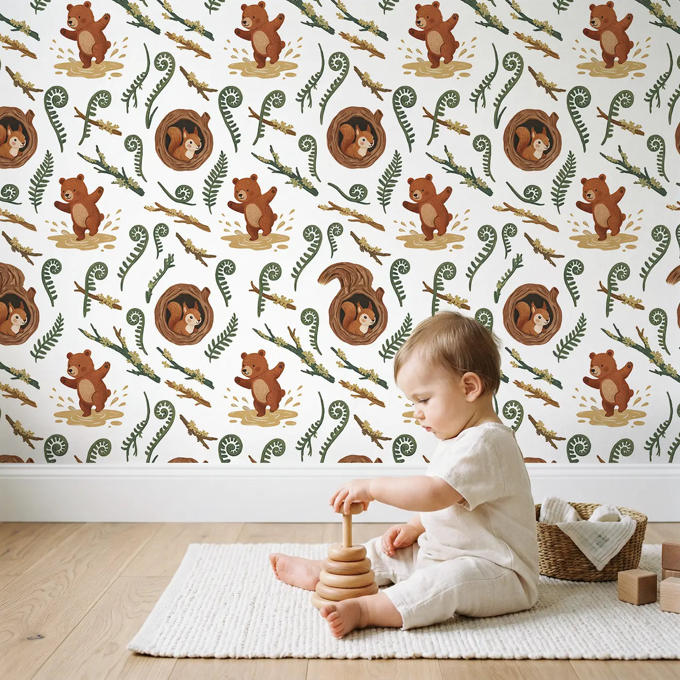 Baby Squirrel Modern Illustration wallpaper in styled kids room - Whimsy Tots