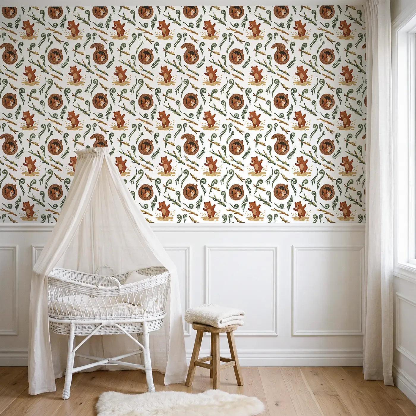 Baby Squirrel Modern Illustration wallpaper above wainscoting - Whimsy Tots