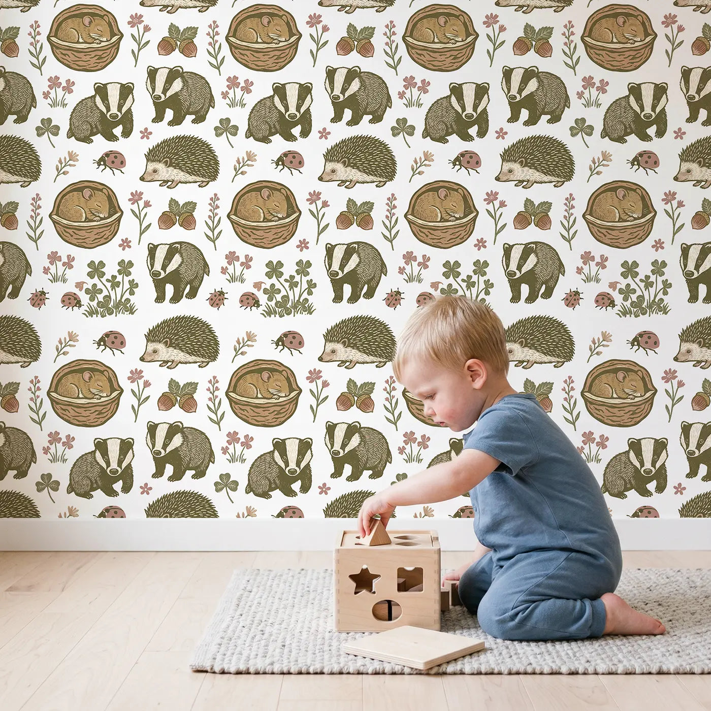 Dormouse Sleeping Walnut Block Print wallpaper in styled kids room - Whimsy Tots