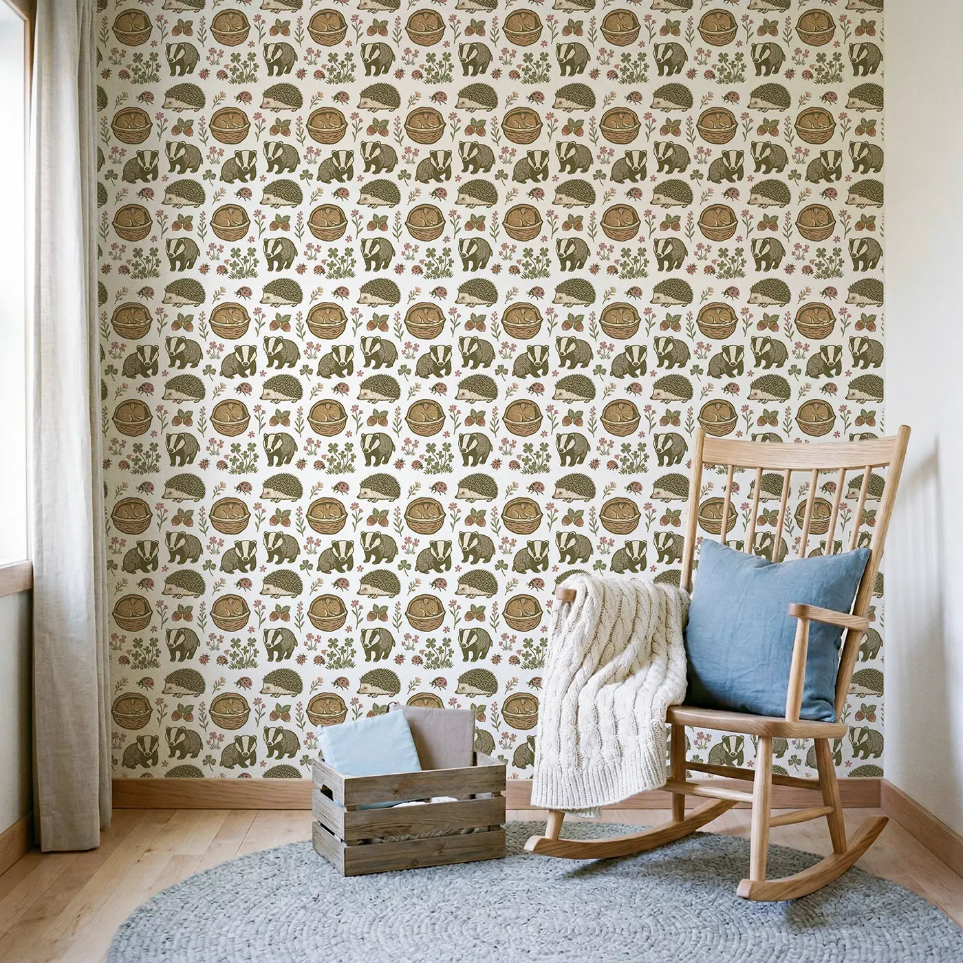 Dormouse Sleeping Walnut Block Print wallpaper in Scandinavian nursery - Whimsy Tots