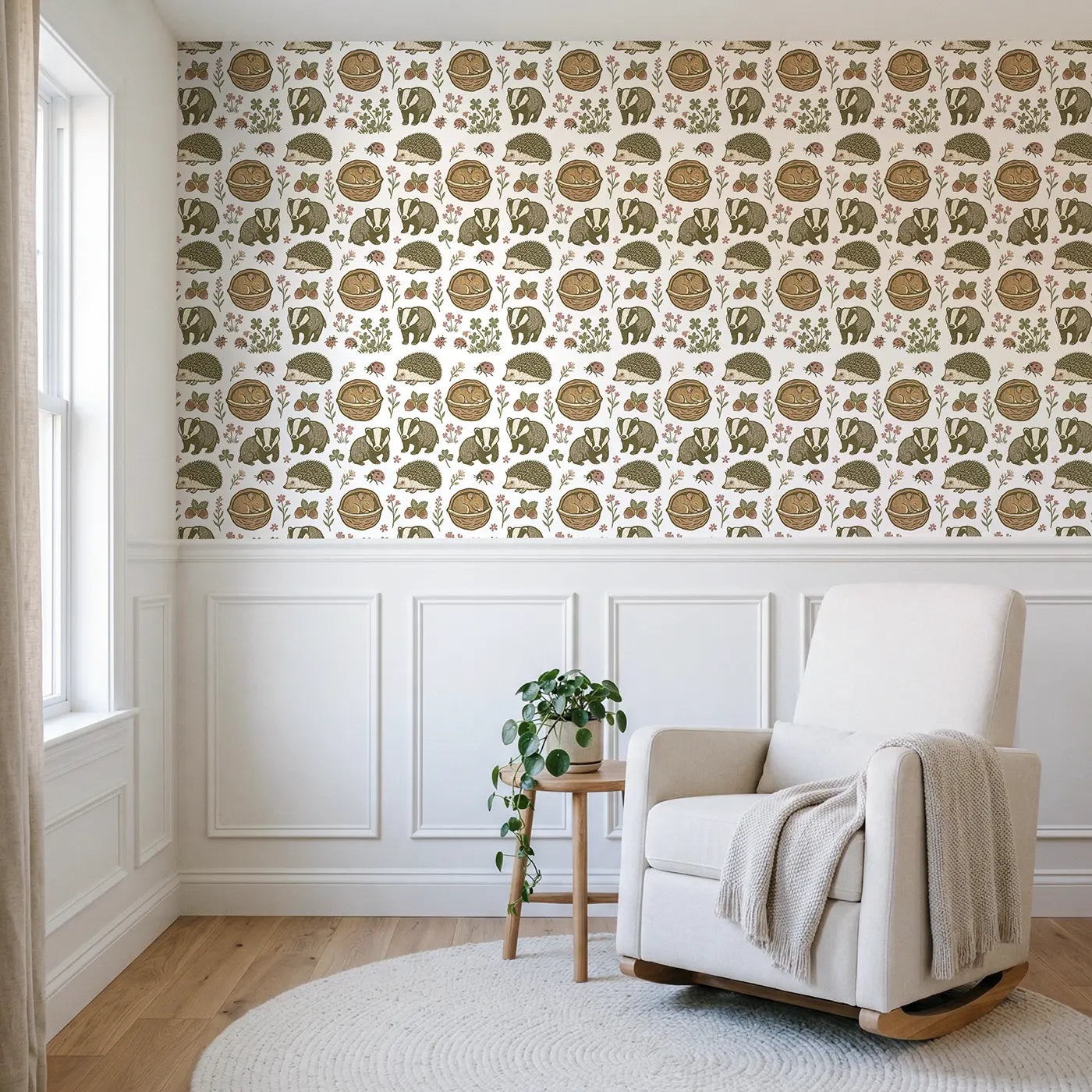 Dormouse Sleeping Walnut Block Print wallpaper above wainscoting - Whimsy Tots